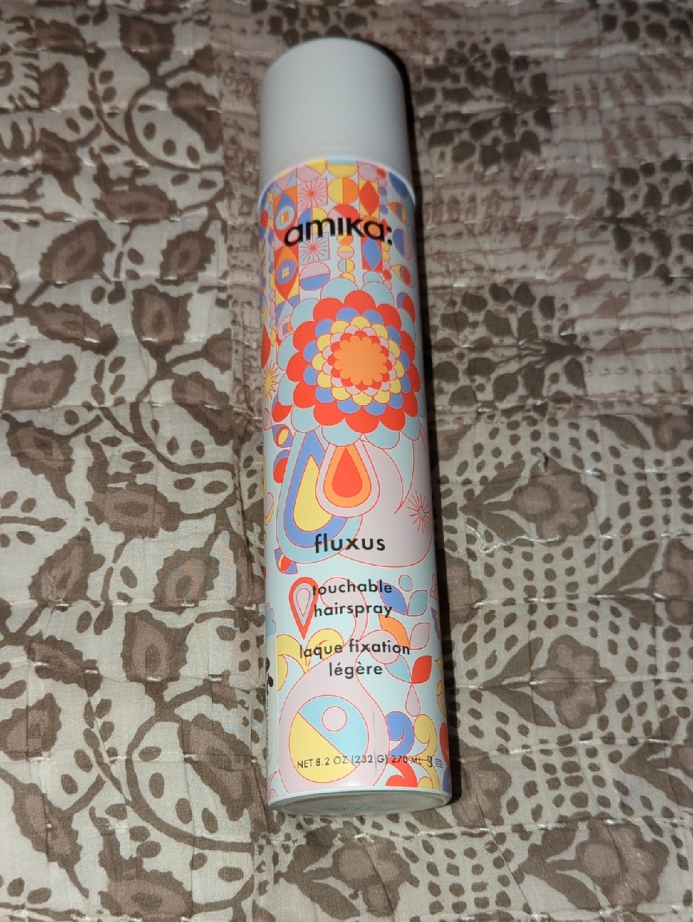 amika Fluxus Touchable Hairspray — White Can with Multi-Color Floral Design